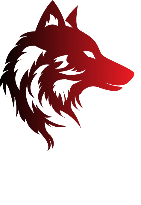 a red wolf head with white text